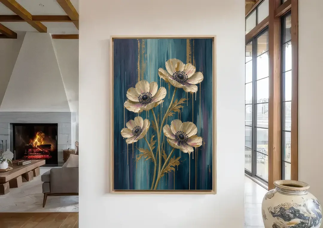Navy Blue Floral Wall Art with White Anemones canvas wall art in a living room with a fireplace