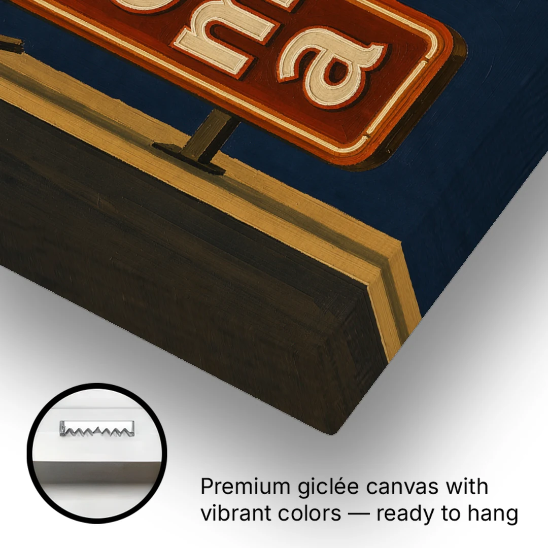 Navy Blue Wall Art Cinema Blade Sign at Night - Canvas Wall Art - Gallery Wrap Corner