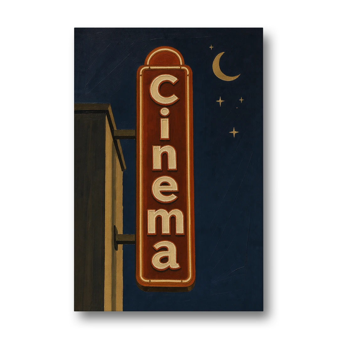 Navy Blue Wall Art Cinema Blade Sign at Night - Canvas Wall Art - Front