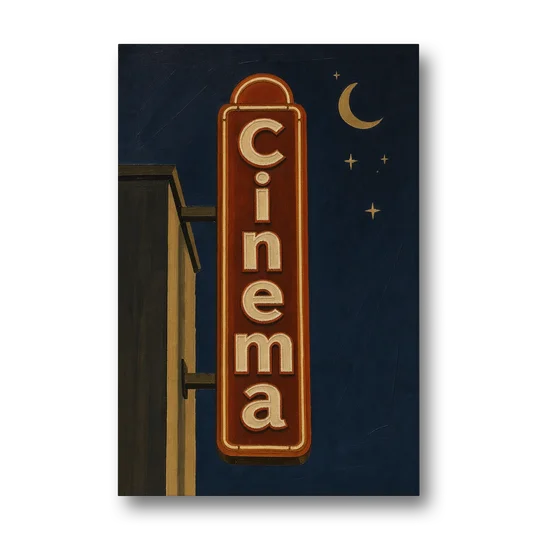 Navy Blue Wall Art Cinema Blade Sign at Night - Canvas Wall Art - Front