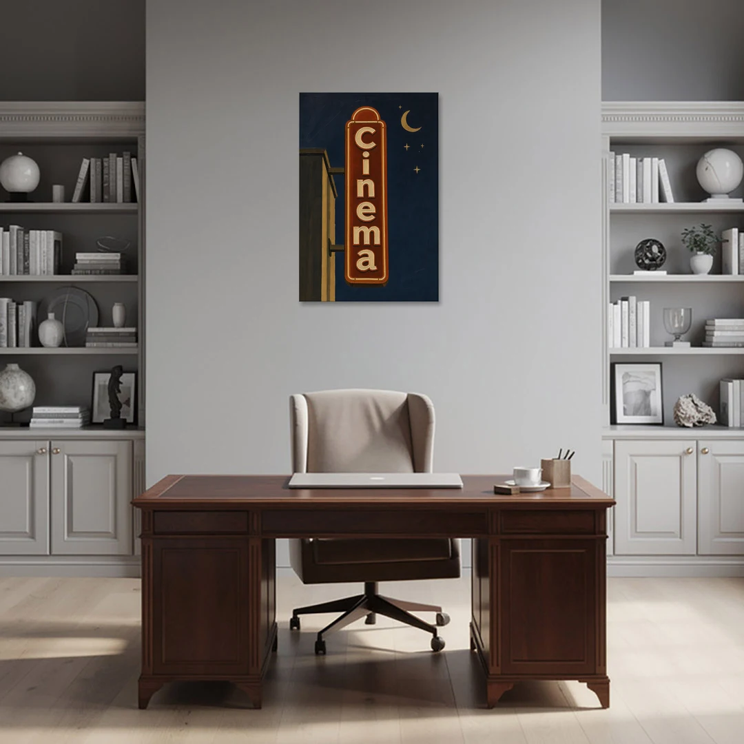 Navy Blue Wall Art Cinema Blade Sign at Night - Canvas Wall Art - Office - 24x36