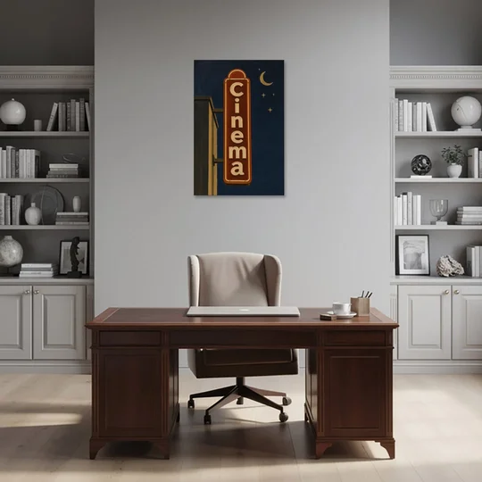 Navy Blue Wall Art Cinema Blade Sign at Night - Canvas Wall Art - Office - 24x36