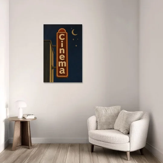 Navy Blue Wall Art Cinema Blade Sign at Night - Canvas Wall Art - Sofa - 24x36