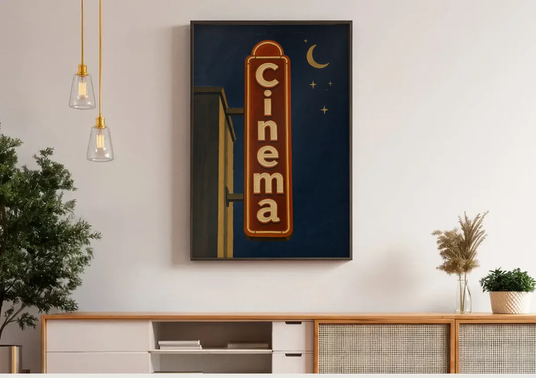 Navy Blue Wall Art Cinema Blade Sign at Night canvas wall art above a wooden sideboard under pendant lights