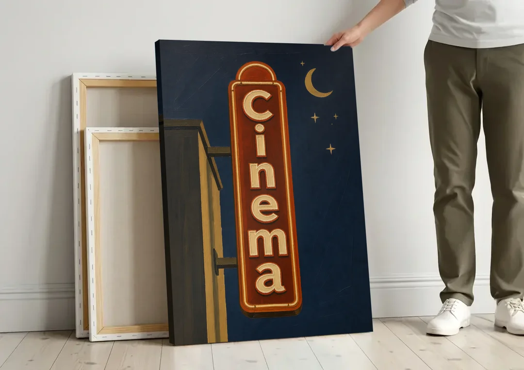 Navy Blue Wall Art Cinema Blade Sign at Night canvas wall art leaning against a wall next to blank canvases