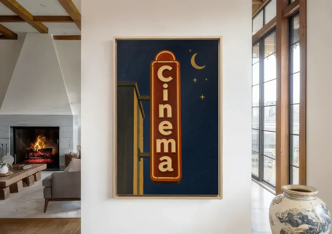 Navy Blue Wall Art Cinema Blade Sign at Night canvas wall art in a living room with a fireplace
