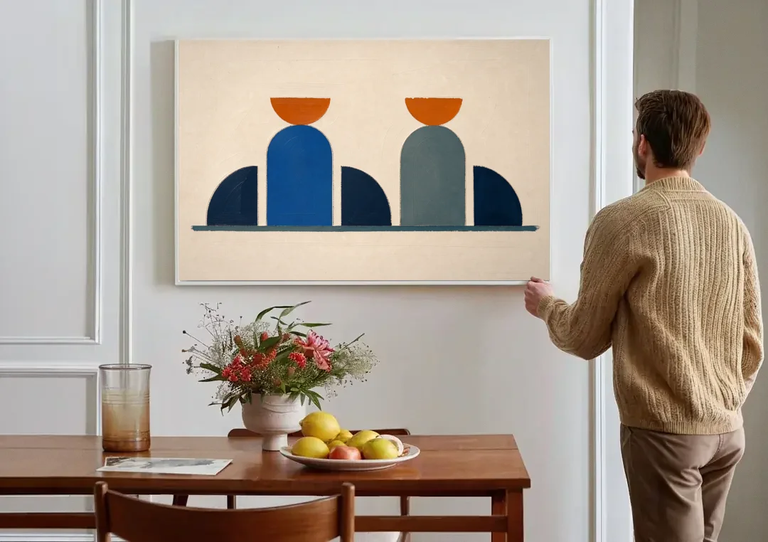 Navy Blue Wall Decor with Two Orange Suns canvas wall art above a dining table