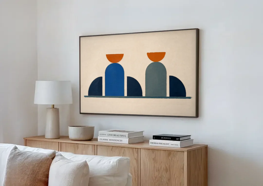 Navy Blue Wall Decor with Two Orange Suns canvas wall art above a wooden sideboard next to a sofa