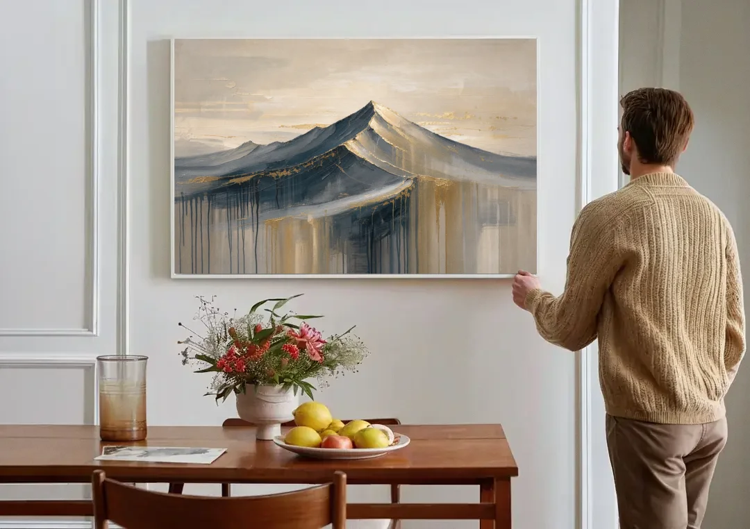 Navy Gold Abstract Painting of a Mountain Summit canvas wall art above a dining table