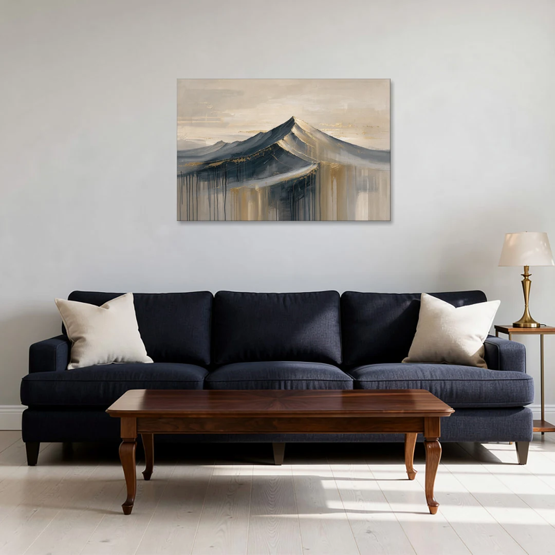 Navy Gold Abstract Painting of a Mountain Summit - Canvas Wall Art - Sofa - 36x24