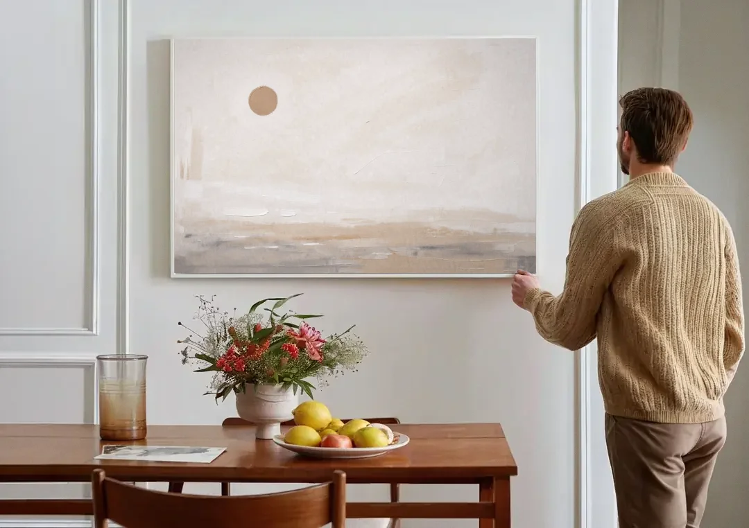 Negative Space Art with a High Clay Sun canvas wall art above a dining table