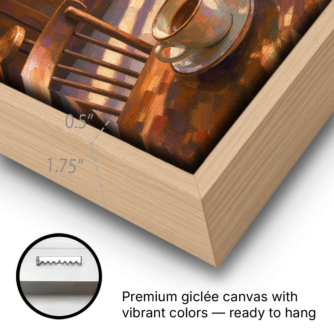 Neighborhood Coffee Shop at Golden Hour for the Kitchen - Oak Framed Canvas Wall Art - Gallery Wrap Corner