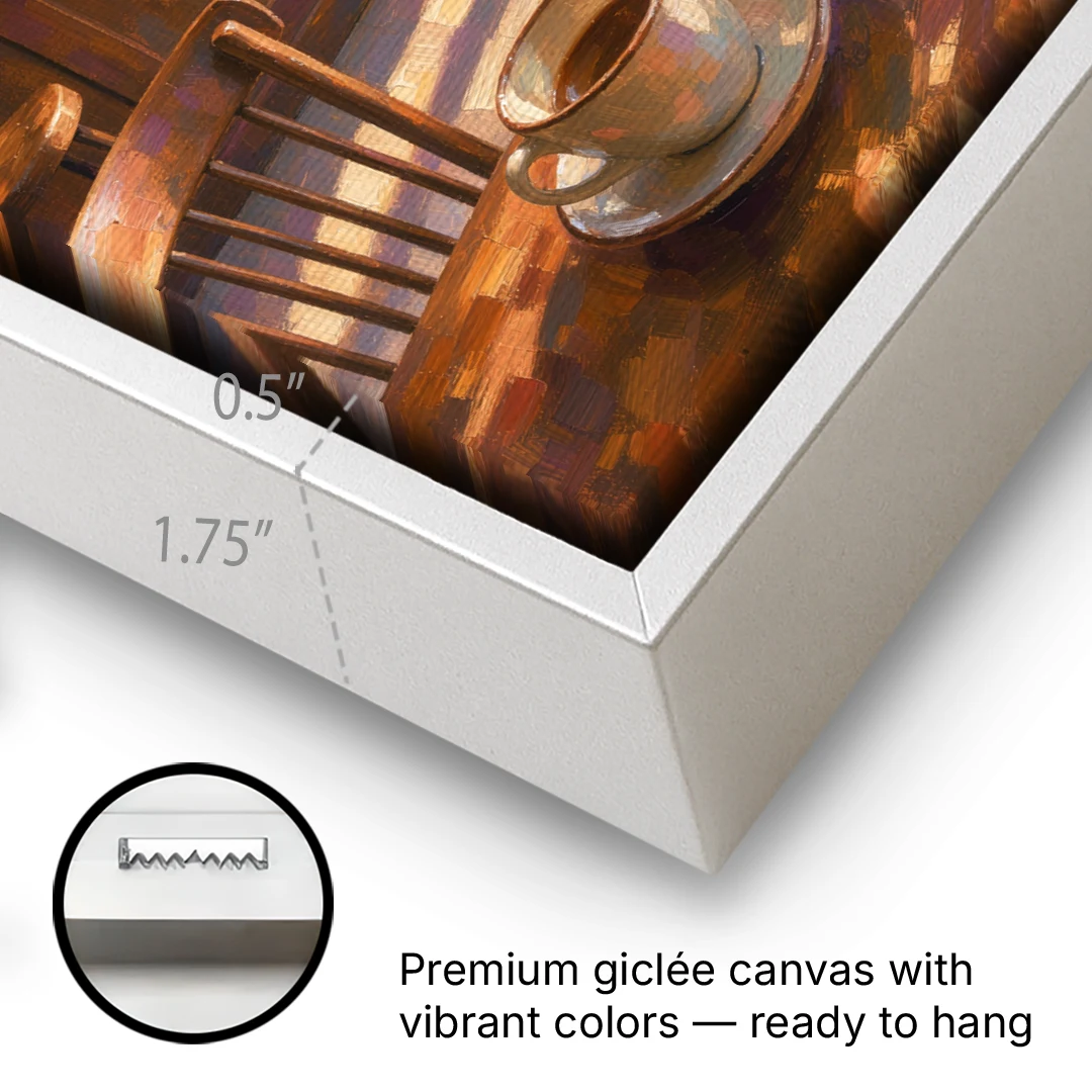Neighborhood Coffee Shop at Golden Hour for the Kitchen - White Framed Canvas Wall Art - Gallery Wrap Corner