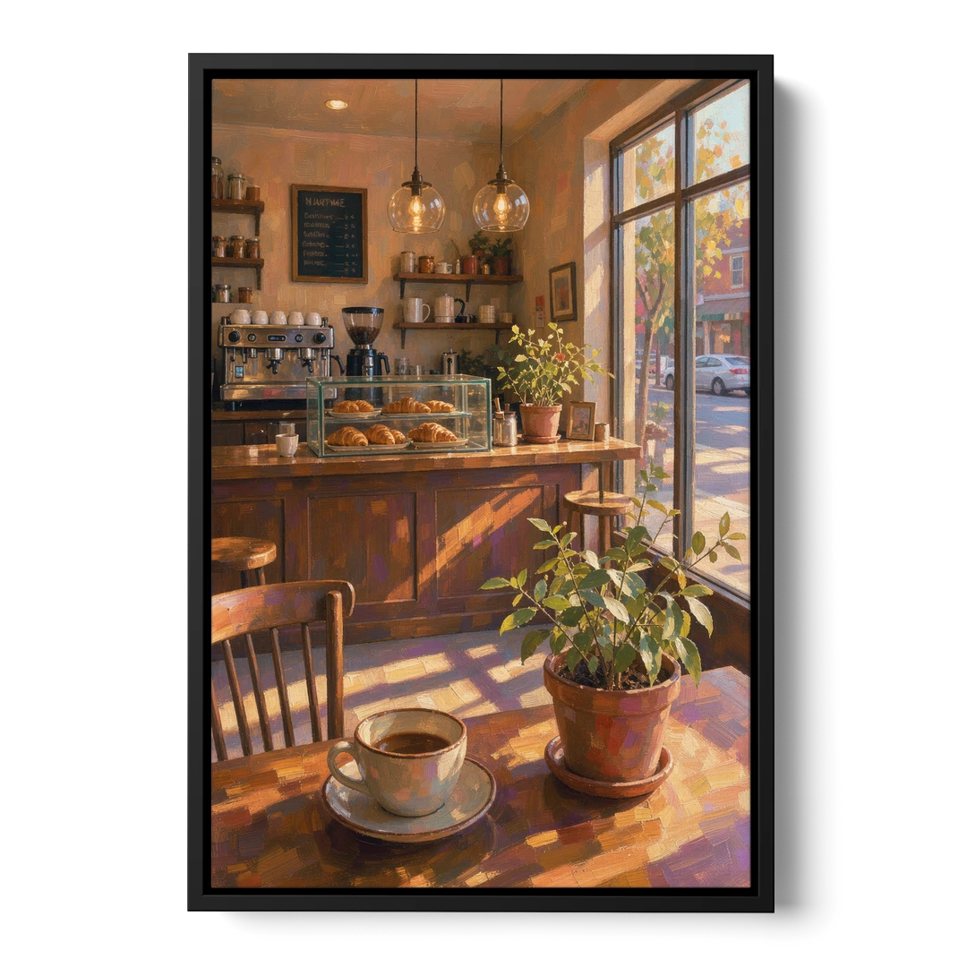 Neighborhood Coffee Shop at Golden Hour for the Kitchen - Black Framed Canvas Wall Art - Front