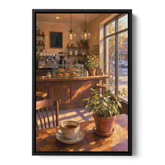 Neighborhood Coffee Shop at Golden Hour for the Kitchen - Black Framed Canvas Wall Art - Front