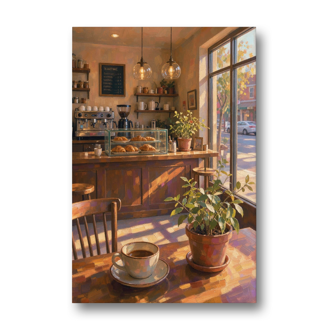 Neighborhood Coffee Shop at Golden Hour for the Kitchen - Canvas Wall Art - Front