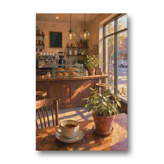 Neighborhood Coffee Shop at Golden Hour for the Kitchen - Canvas Wall Art - Front