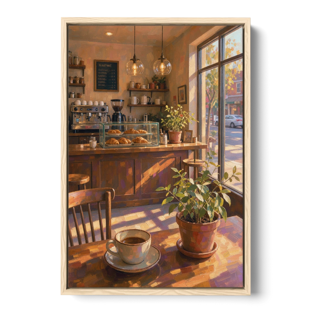 Neighborhood Coffee Shop at Golden Hour for the Kitchen - Oak Framed Canvas Wall Art - Front