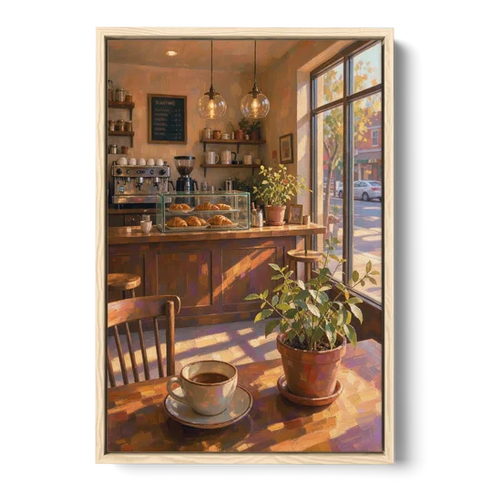 Neighborhood Coffee Shop at Golden Hour for the Kitchen - Oak Framed Canvas Wall Art - Front
