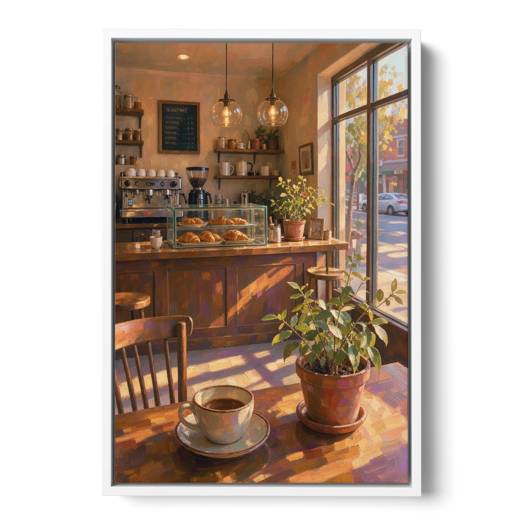 Neighborhood Coffee Shop at Golden Hour for the Kitchen - White Framed Canvas Wall Art - Front