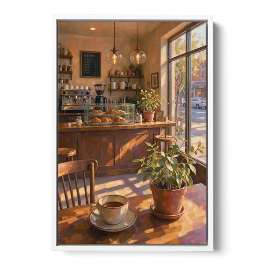 Neighborhood Coffee Shop at Golden Hour for the Kitchen - White Framed Canvas Wall Art - Front
