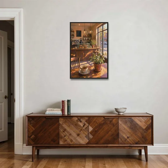Neighborhood Coffee Shop at Golden Hour for the Kitchen - Black Framed Canvas Wall Art - Coffee Table - 24x36