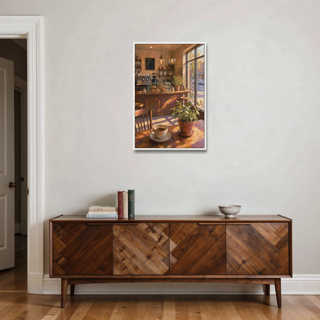 Neighborhood Coffee Shop at Golden Hour for the Kitchen - White Framed Canvas Wall Art - Coffee Table - 24x36
