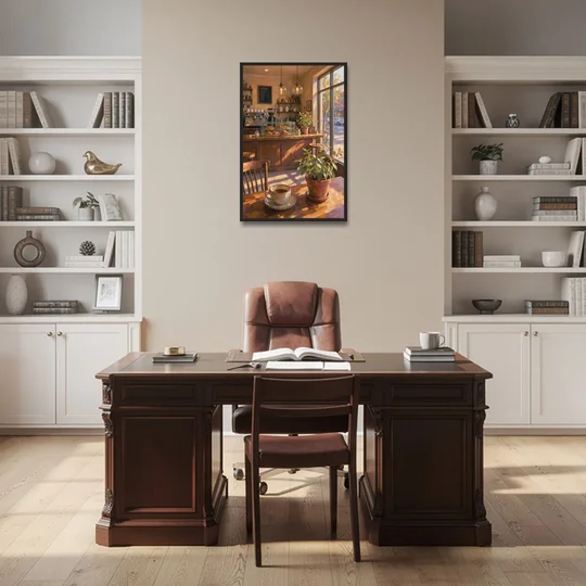 Neighborhood Coffee Shop at Golden Hour for the Kitchen - Black Framed Canvas Wall Art - Office - 24x36