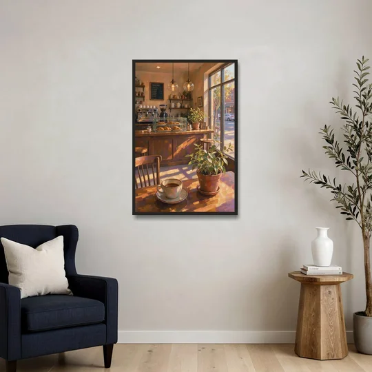 Neighborhood Coffee Shop at Golden Hour for the Kitchen - Black Framed Canvas Wall Art - Sofa - 24x36