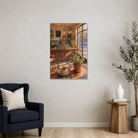 Neighborhood Coffee Shop at Golden Hour for the Kitchen - Canvas Wall Art - Sofa - 24x36