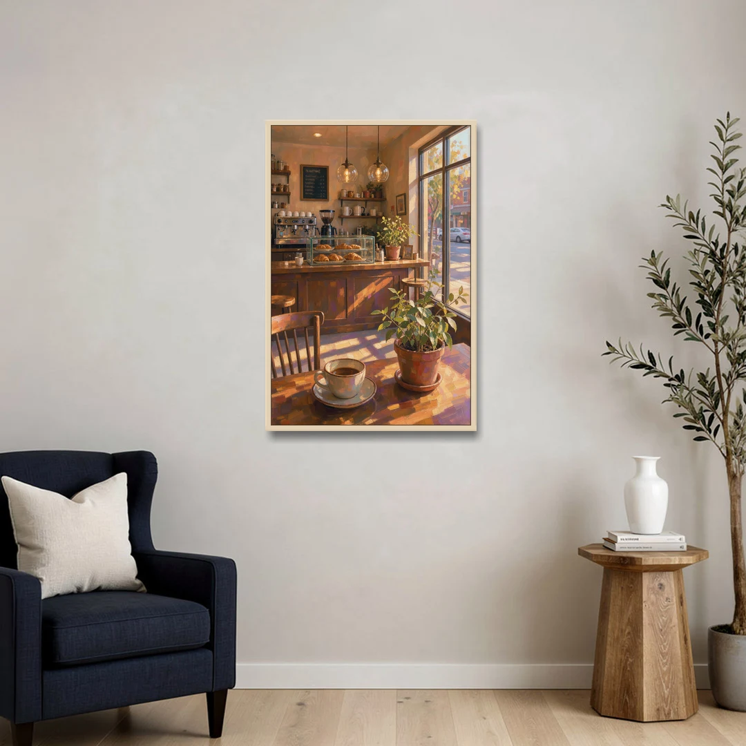 Neighborhood Coffee Shop at Golden Hour for the Kitchen - Oak Framed Canvas Wall Art - Sofa - 24x36