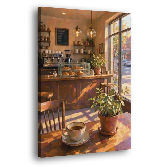 Neighborhood Coffee Shop at Golden Hour for the Kitchen - Canvas Wall Art - Side
