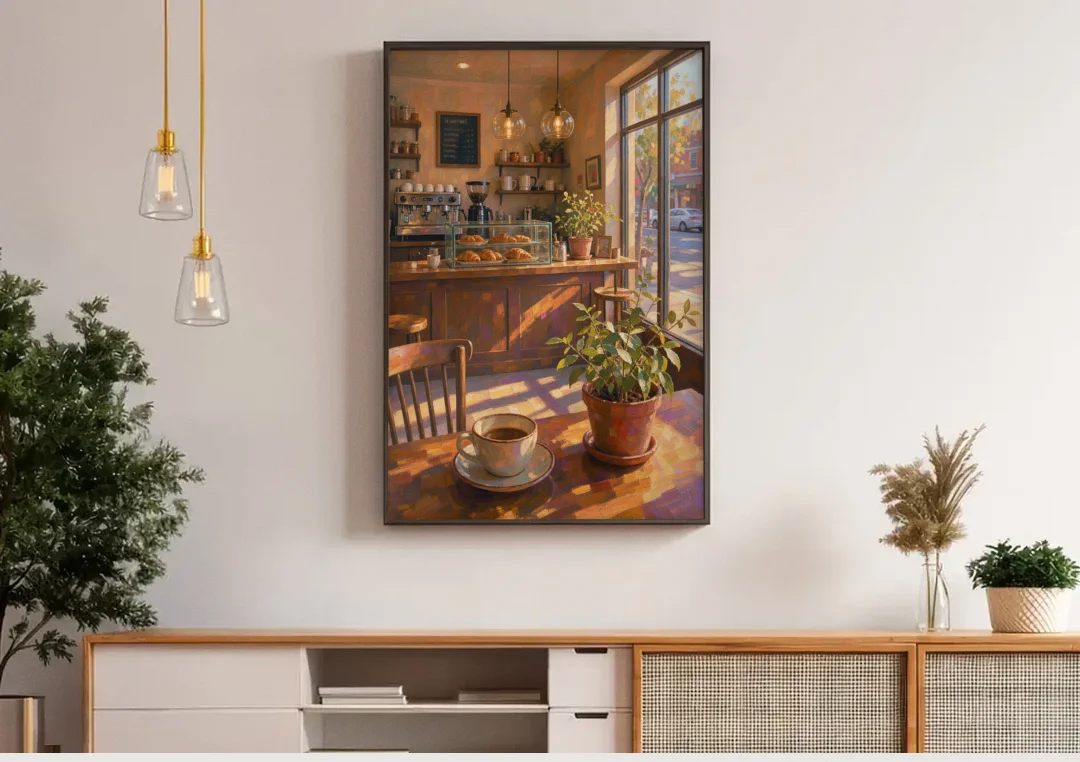 Neighborhood Coffee Shop at Golden Hour for the Kitchen canvas wall art above a wooden sideboard under pendant lights