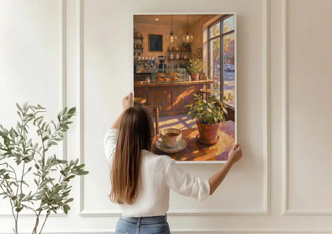 Neighborhood Coffee Shop at Golden Hour for the Kitchen canvas wall art being hung on a paneled wall