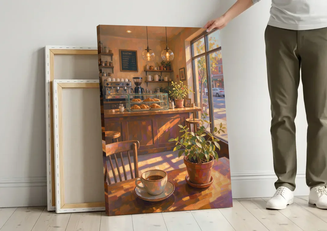 Neighborhood Coffee Shop at Golden Hour for the Kitchen canvas wall art leaning against a wall next to blank canvases