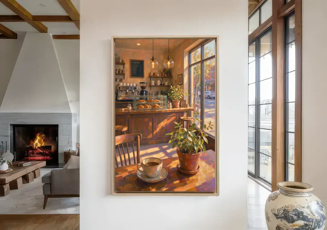 Neighborhood Coffee Shop at Golden Hour for the Kitchen canvas wall art in a living room with a fireplace