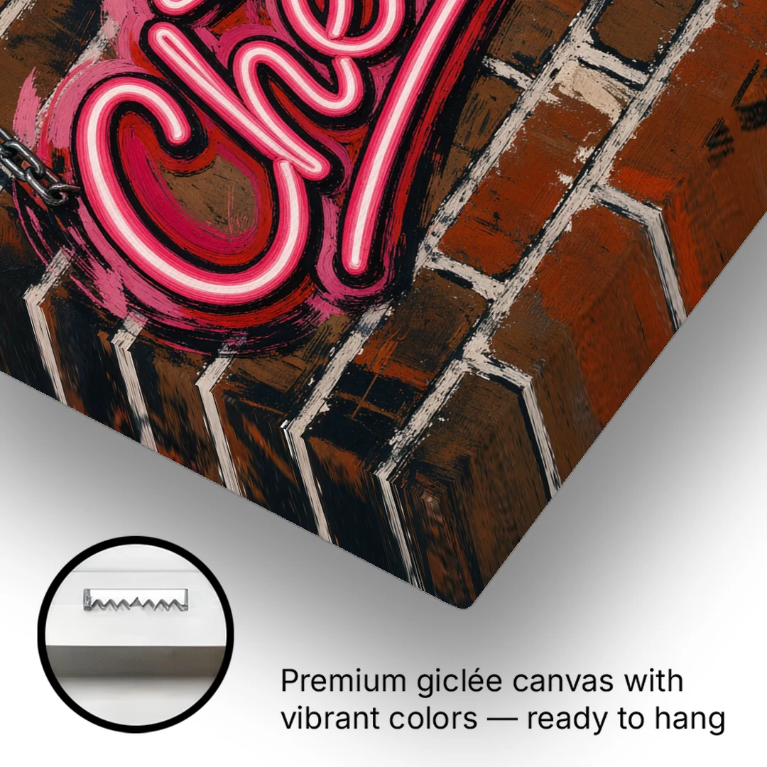 Neon Sign Wall Art Cheers Coupe on Brick - Canvas Wall Art - Gallery Wrap Corner