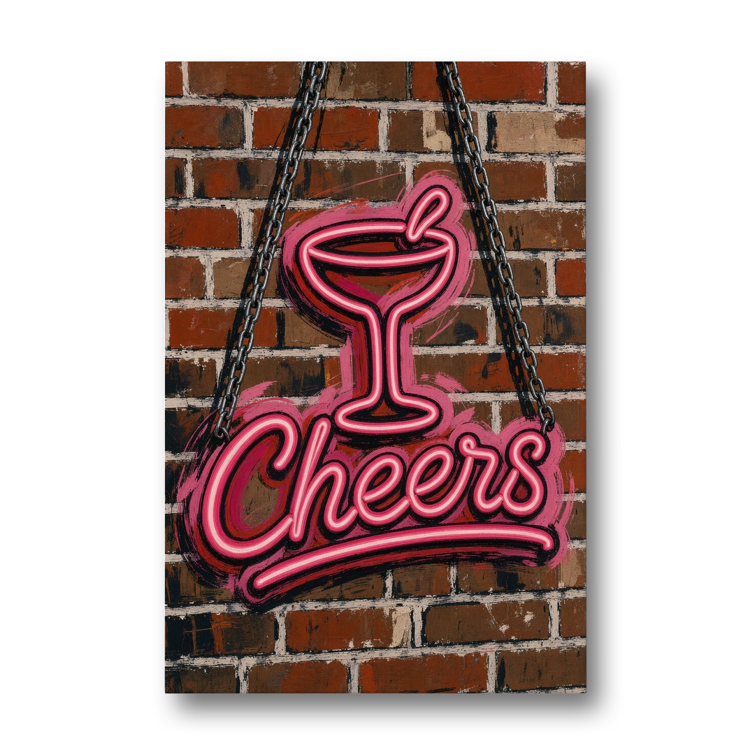 Neon Sign Wall Art Cheers Coupe on Brick - Canvas Wall Art - Front