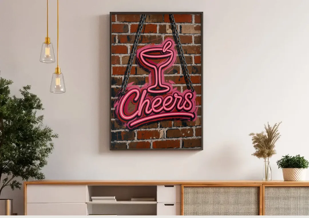 Neon Sign Wall Art Cheers Coupe on Brick canvas wall art above a wooden sideboard under pendant lights