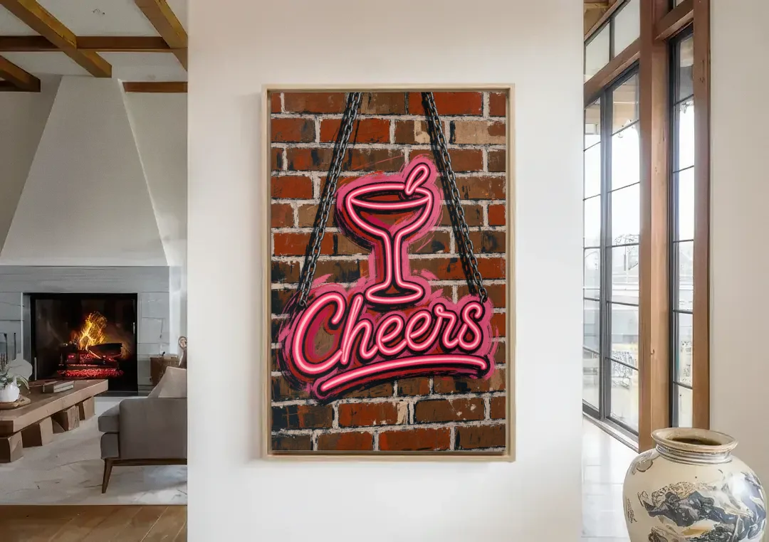 Neon Sign Wall Art Cheers Coupe on Brick canvas wall art in a living room with a fireplace