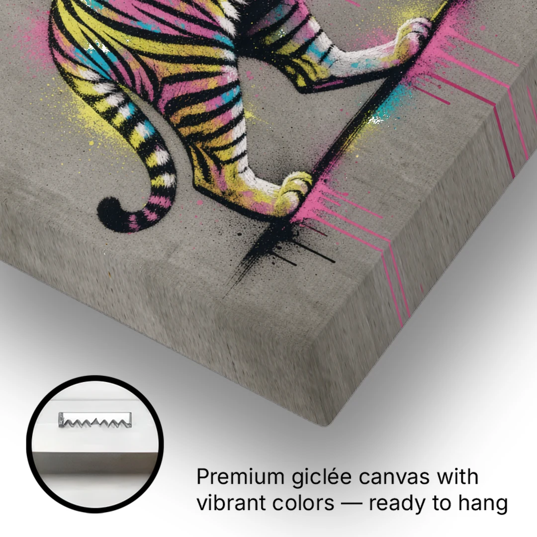 Neon Tiger Street Art on Grey Concrete - Canvas Wall Art - Gallery Wrap Corner
