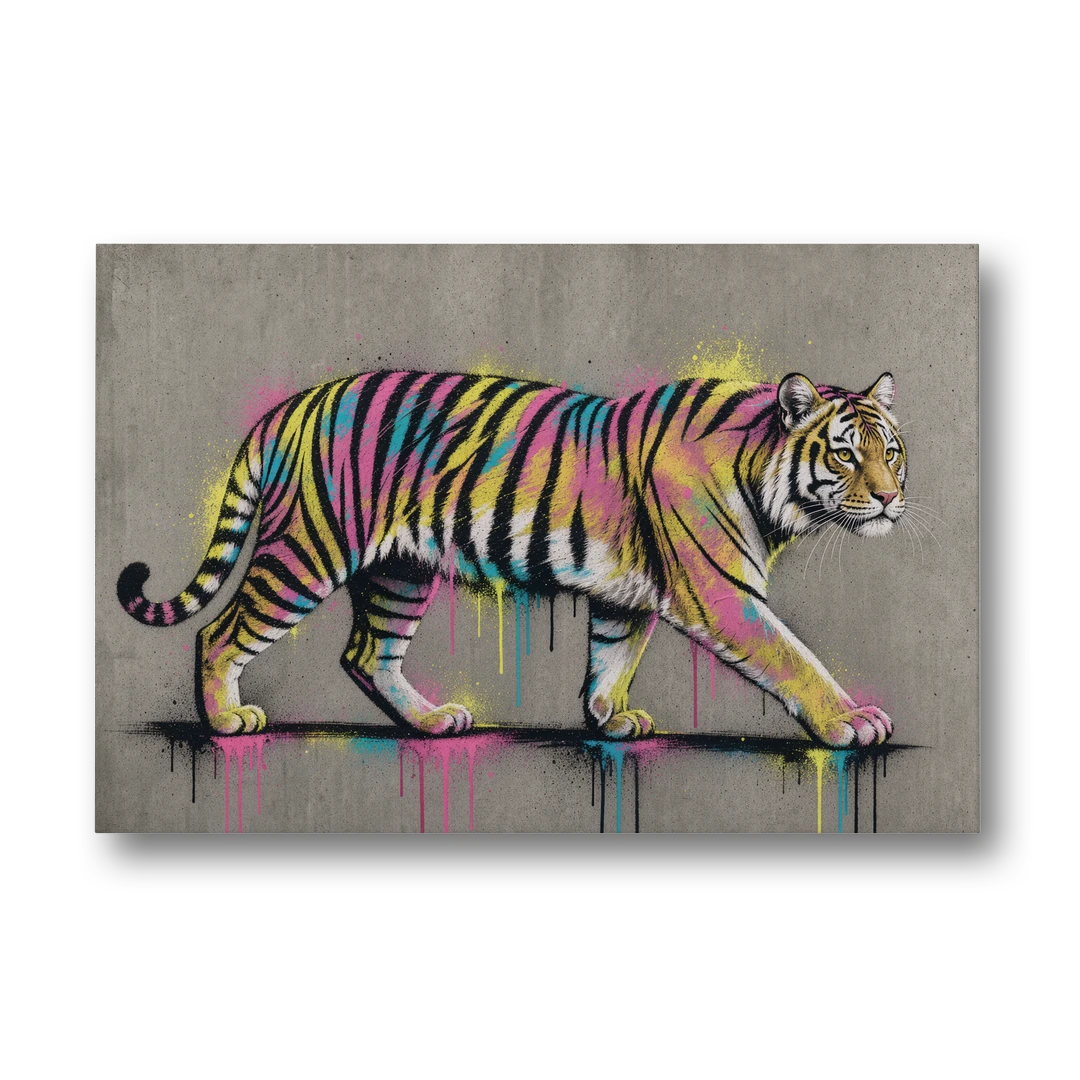 Neon Tiger Street Art on Grey Concrete - Canvas Wall Art - Front