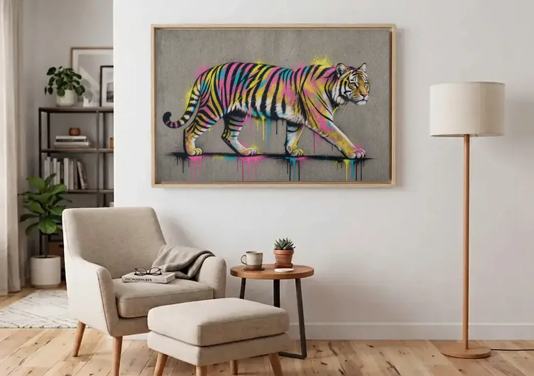 Neon Tiger Street Art on Grey Concrete canvas wall art above an armchair in a bright living room