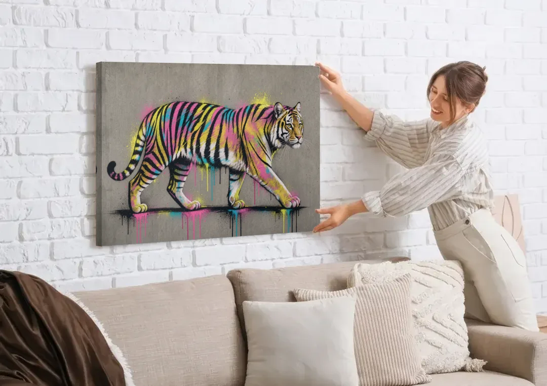 Neon Tiger Street Art on Grey Concrete canvas wall art being hung on a white brick wall above a sofa