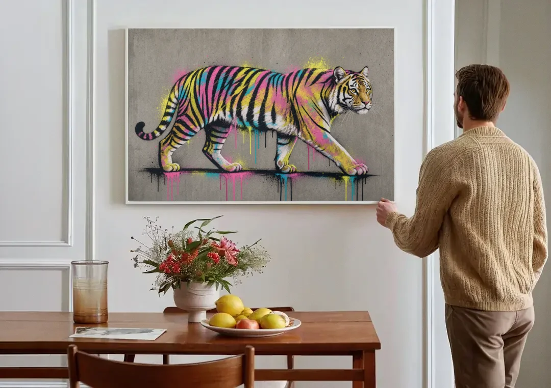 Neon Tiger Street Art on Grey Concrete canvas wall art above a dining table