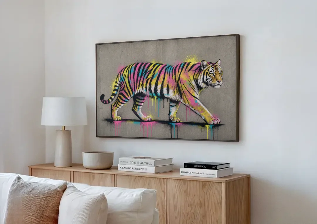 Neon Tiger Street Art on Grey Concrete canvas wall art above a wooden sideboard next to a sofa