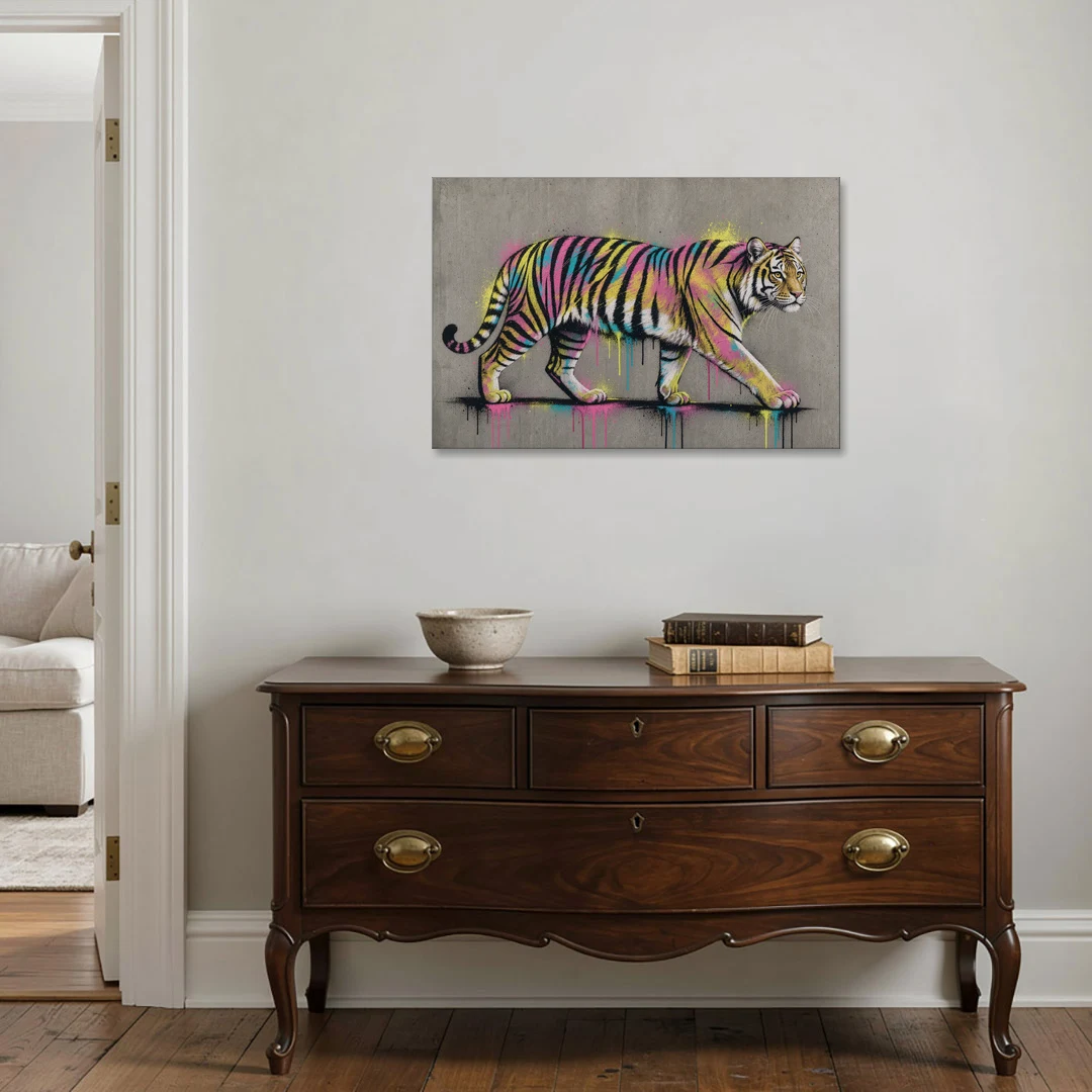 Neon Tiger Street Art on Grey Concrete - Canvas Wall Art - Coffee Table - 36x24