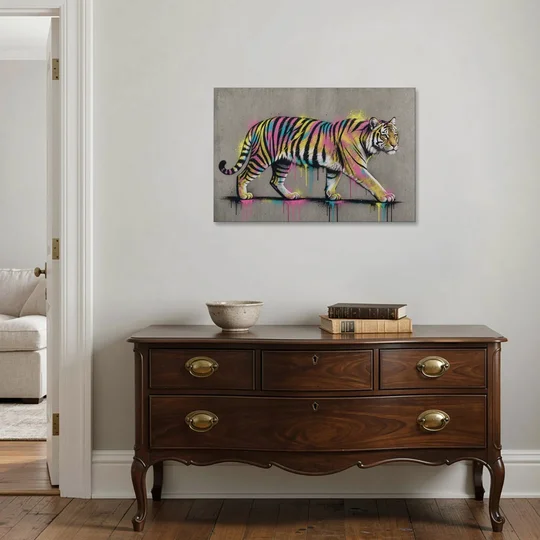Neon Tiger Street Art on Grey Concrete - Canvas Wall Art - Coffee Table - 36x24