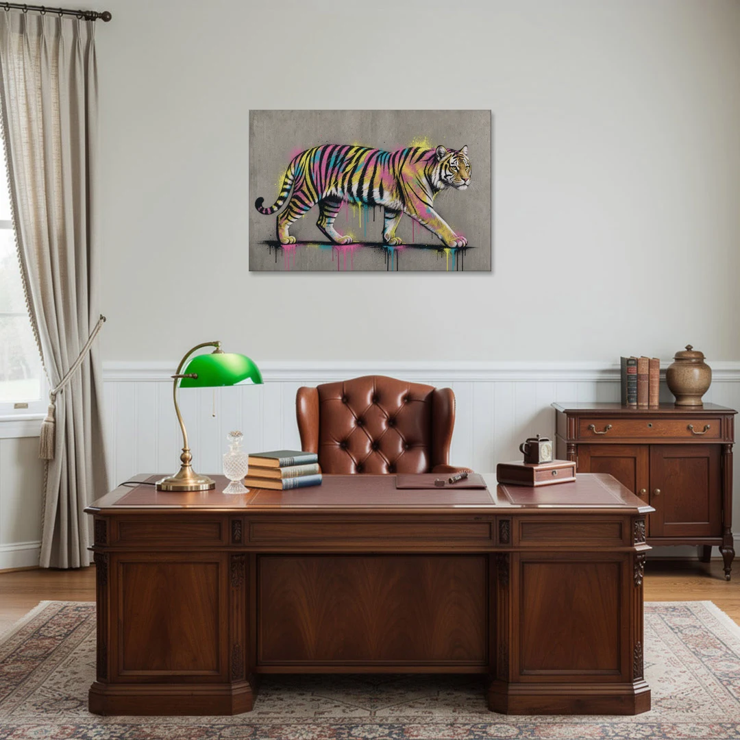 Neon Tiger Street Art on Grey Concrete - Canvas Wall Art - Office - 36x24