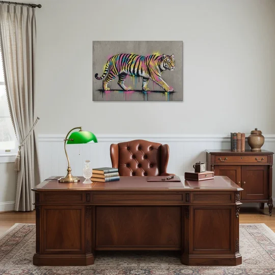 Neon Tiger Street Art on Grey Concrete - Canvas Wall Art - Office - 36x24